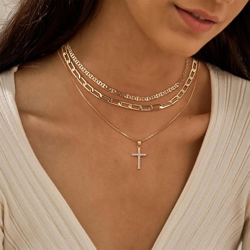 MFRYK Gold/Silver Necklaces Stack For Women,14K Gold/Sterling Silver Plated Simple Layered Choker Necklaces For Women,Stackable Multilayer Pearl Cross Disc Circle Pendant Cuban Herringbone Snake Paperclip Chain Necklaces Set Jewelry Gift for Women - Image 3